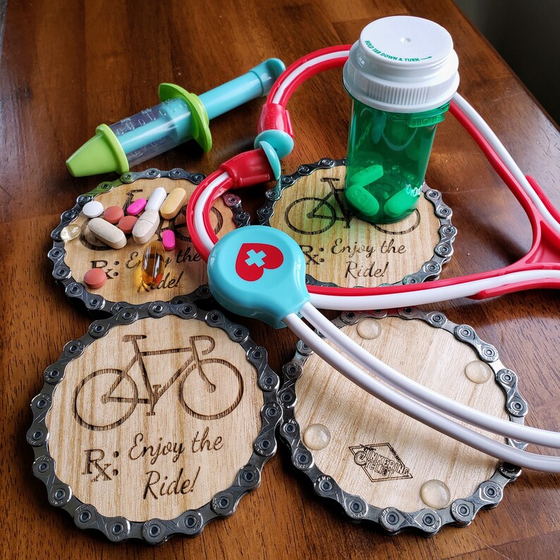 Bicycle Themed Coasters | Laser Engraved Wood W/ Upcycled Bicycle Chain ...
