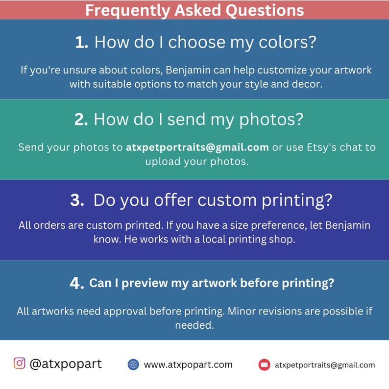 Explore our comprehensive FAQ section for answers to the most frequently asked questions about designing a custom pet portrait with ATX Pop Art. Get expert insights and guidance to create the perfect masterpiece for your beloved furry friend.