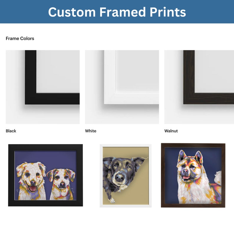 Enhance your space with ATX Pop Art's custom pet portrait pop art framed prints, featuring classic frame options in black, white, and walnut. Elevate your decor with sophistication and style.