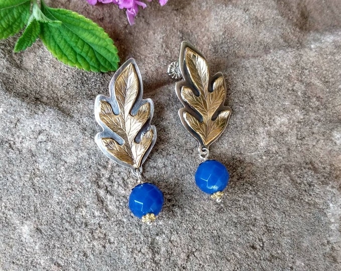 Brass Leaf Sterling Silver Post Blue Onyx Dangle Earrings