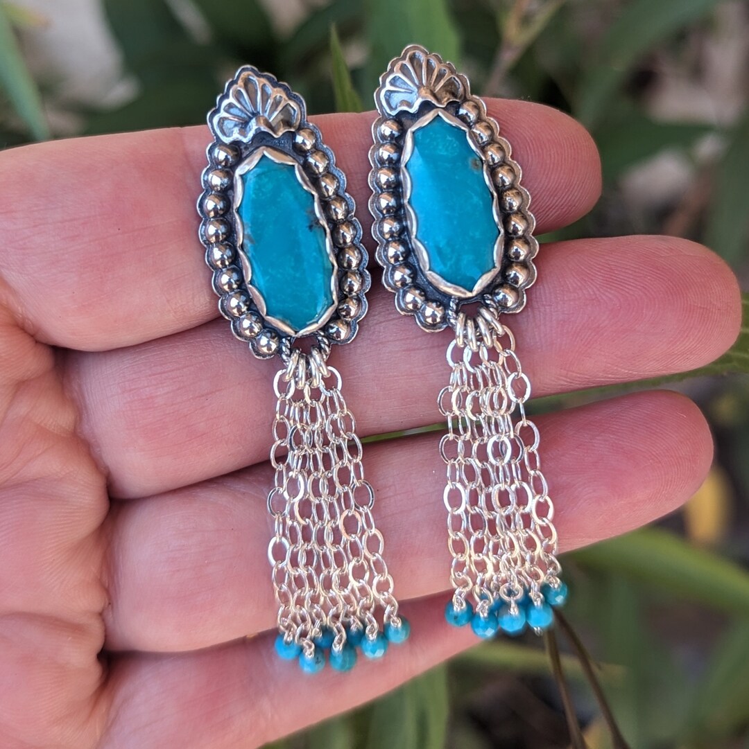 Kingman Turquoise Sterling Silver Chain Dangle Post Earrings - Etsy