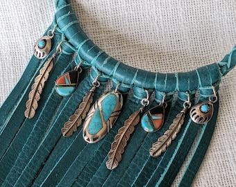 Vintage Sterling Silver and Turquoise Charm Leather Fringe Collar Necklace