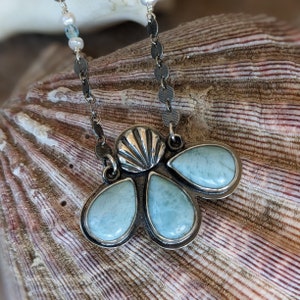 Triple Teardrop Larimar and Clamshell Sterling Silver Pendant