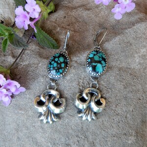 Turquoise With Fancy Sterling Silver Dangle Retro Look Dangle Earrings