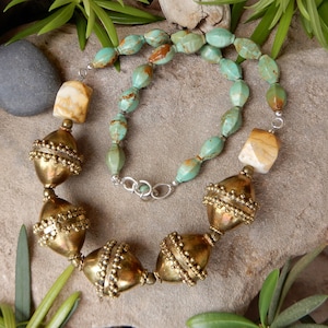 Fancy Shaped Turquoise and Vintage Large Brass Beaded Necklace