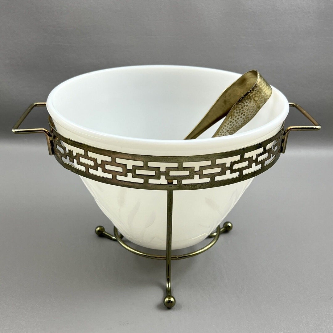 Vintage Hazel Atlas Cattails Milk Glass Ice Bucket Set Etsy