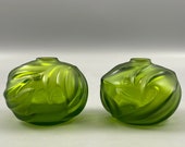 Lalique Soliflore Royal Palm Antinea Green Bud Vases Pair 2 France