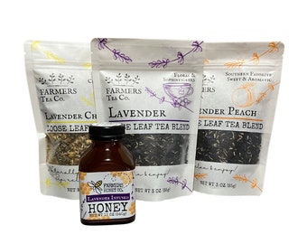 FARMERS Lavender Co. Tea Time Gift Box - Lavender Black, Peach and Chamomile Loose Leaf Tea, Lavender Infused Honey and Ceramic Mug