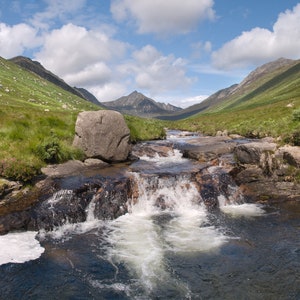 Scottish landscape photography: Isle of Arran waterfall at Glen Rosa with Goatfell | panoramic print | wall art