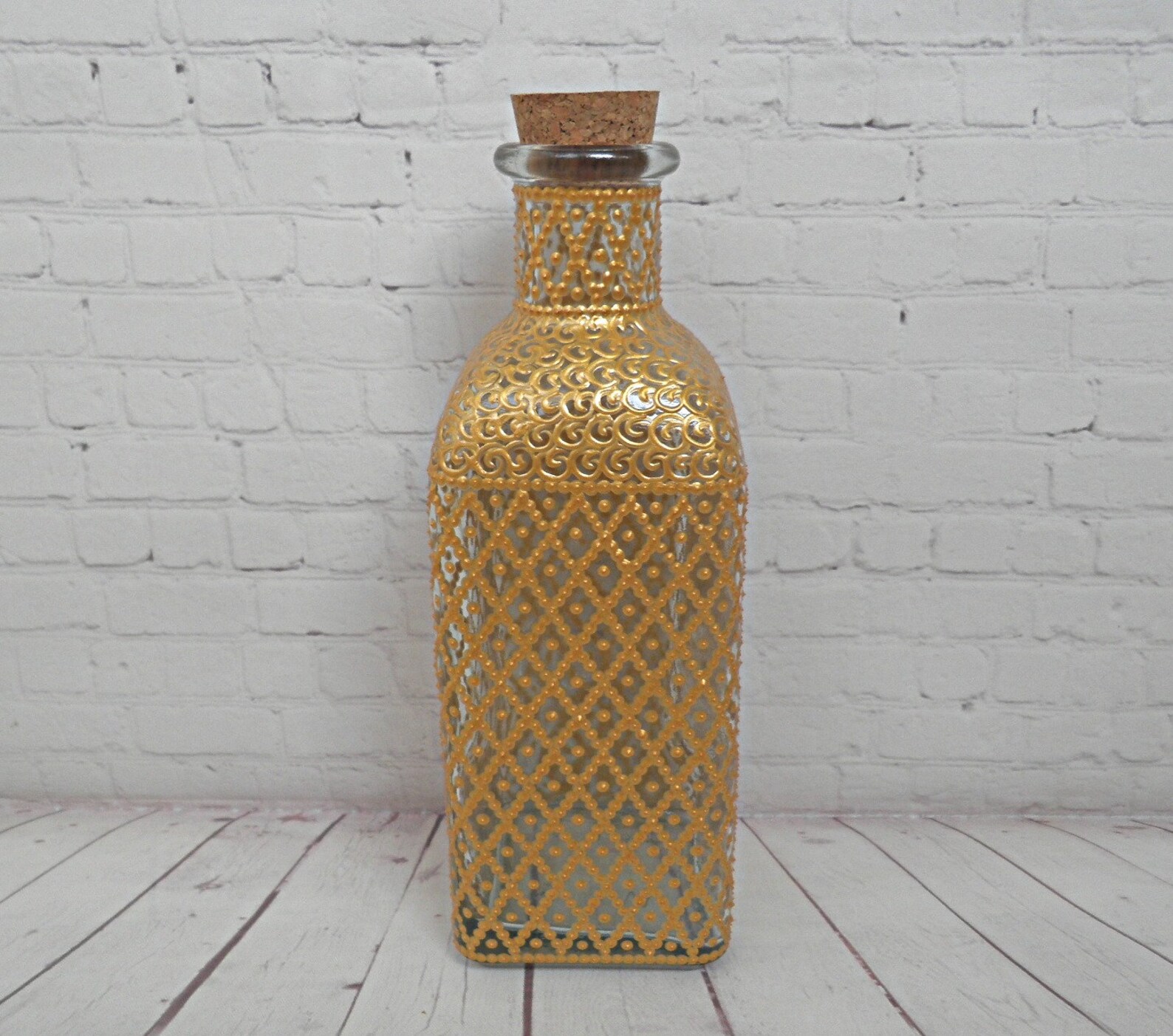 Hand painted gold glass bottle. Bottle art. Dot painting Etsy