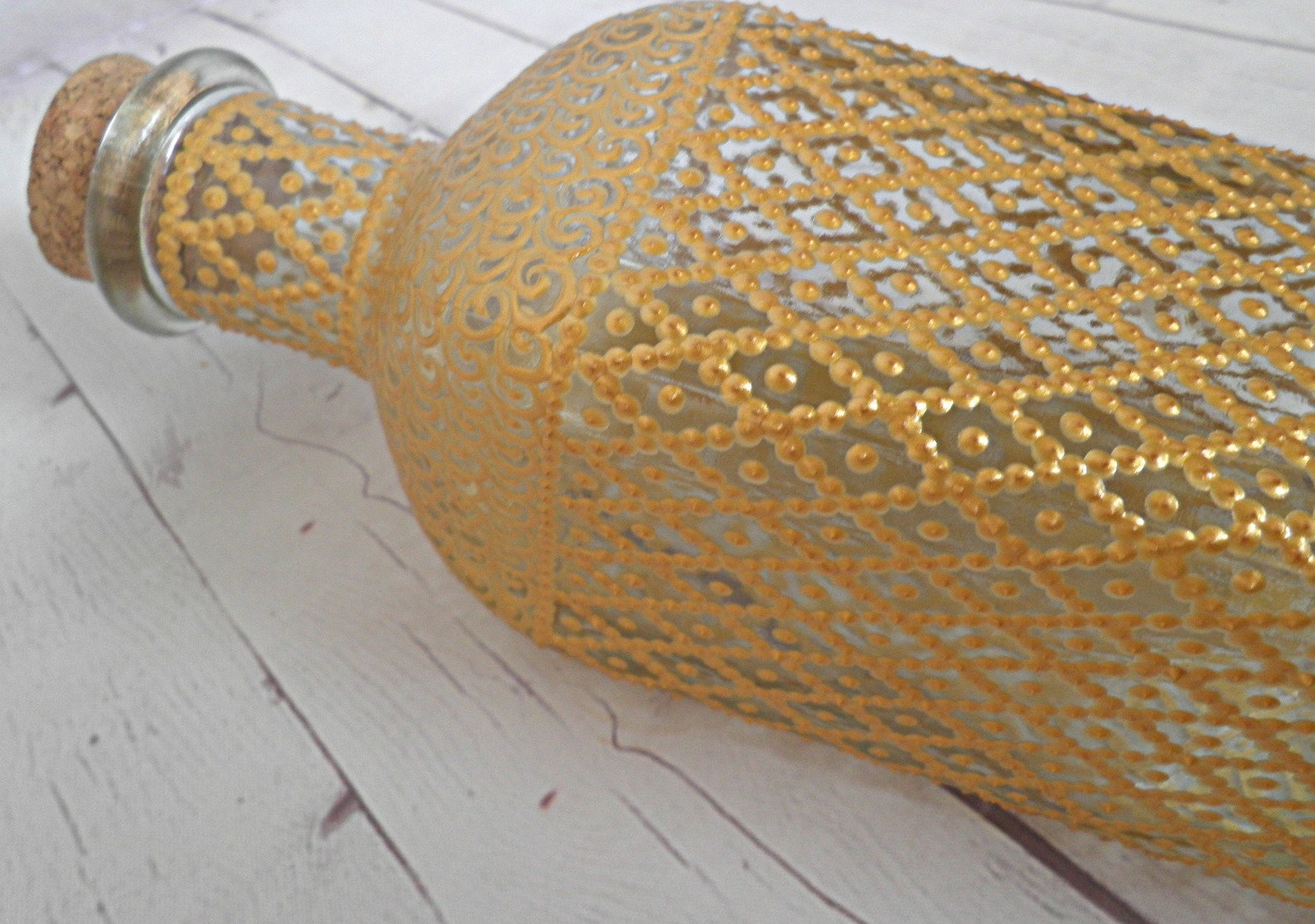 Hand painted gold glass bottle. Bottle art. Dot painting Etsy