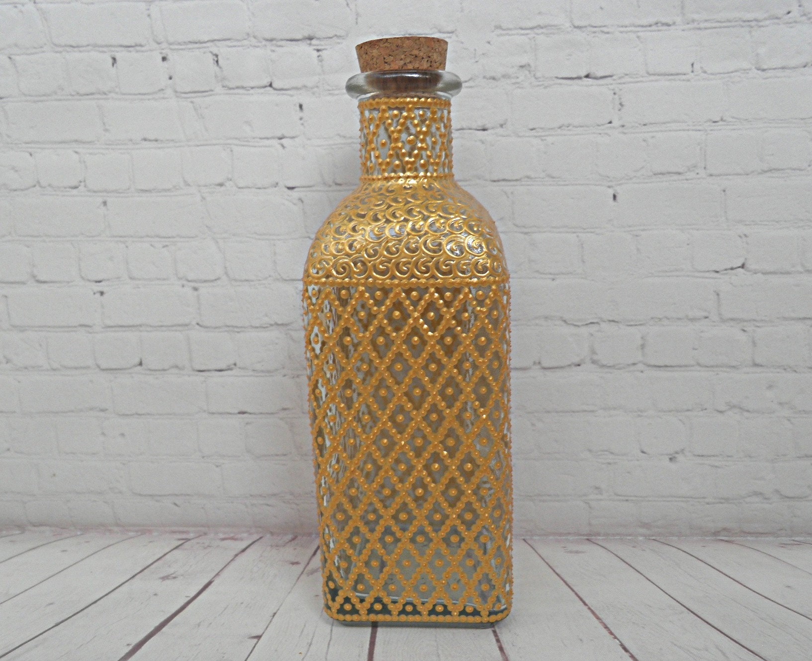 Hand painted gold glass bottle. Bottle art. Dot painting Etsy