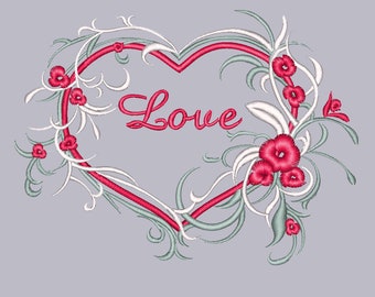 Heart with Love text, 2Sizes,  pes, dst, jef. hus, xxx, pcs, exp, zsk Embroidery Formats