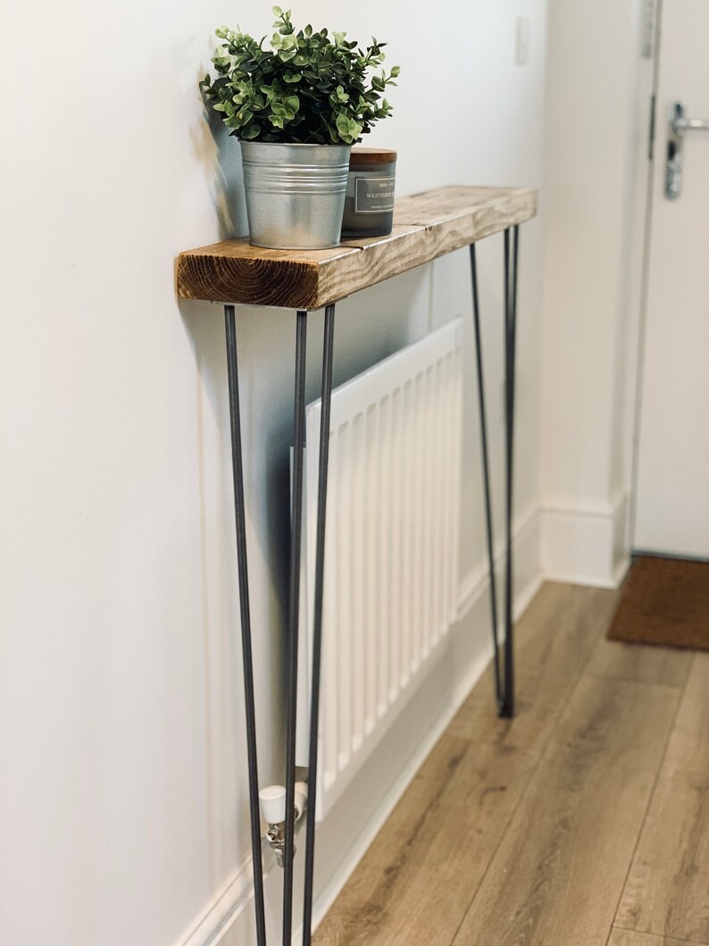 Rustic Narrow Hallway Console Table | Handmade Console Table | Rustic Radiator Shelf with Raw Metal Hairpin Legs 