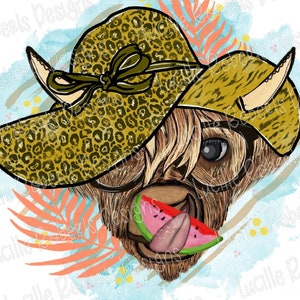 Summer Time Highland Cow Png, Summer Png, Hand Drawn, Cow With Glasses, Png Sublimation, Cow Clipart, Cow With Watermelon, Cow Sublimation