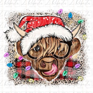 Boże Narodzenie Highland Cow Png, Boże Narodzenie Krowa Lick Z Okularami, Sublimacja Projektu, Boże Narodzenie Png, Pobieranie Cyfrowe, Krowa Z Czapką Mikołaja