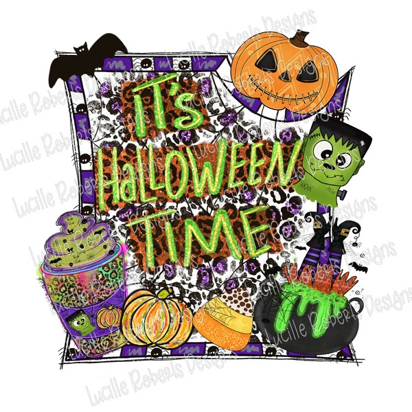 Halloween Png, Halloween Time, Halloween Sublimation, Jack O Lantern, Frankenstein, witch in pot, pumpkin, bat, spiders, Candy Cane, Leopard