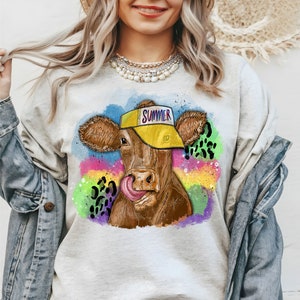 Summer Cow Png, Cow In Sun Hat Png, Hand Drawn, Cow Sublimation Design, Tongue Lick Cow Png, Farm Cow Png Sublimate, T-shirt Cow Designs