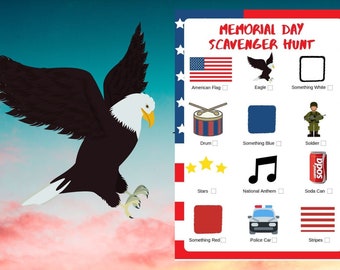 Memorial Day Scavenger Hunt afdrukbare kindergames pdf - Indoor Outdoor Party Activity Adventure