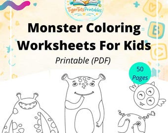Monster Kleurboek Kinderen 50 afdrukbare pdf-pagina's Halloween Homeschool Activity Worksheets Classroom