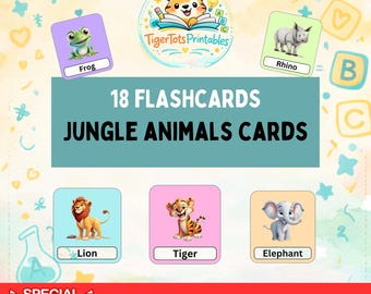 18 jungledieren Montessori-flashkaarten, kleuterschool regenboog educatieve afdrukbare afdrukbare, cartoonstijl direct downloaden