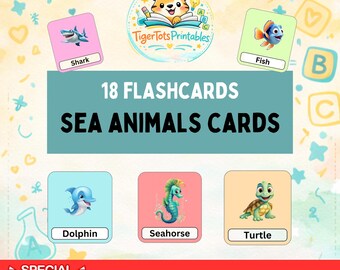 18 zeedieren Montessori-flashkaarten regenboog educatieve afdrukbare voorschoolse cartoonstijl direct downloaden