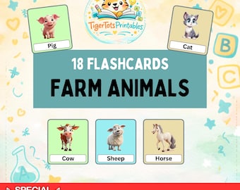 18 boerderijdieren Montessori-flashkaarten, afdrukbare educatieve regenboog voor kleuters, cartoonstijl direct downloaden