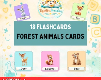 Bosdieren Montessori Flash Cards Preschool Rainbow Educatieve afdrukbare Cartoon-stijl Instant Download