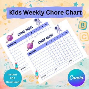 Space Themed Kids Chore Chart Printable | Bearbeitbare Canva Vorlage Mail-Responsity Tracker | Sofort Download