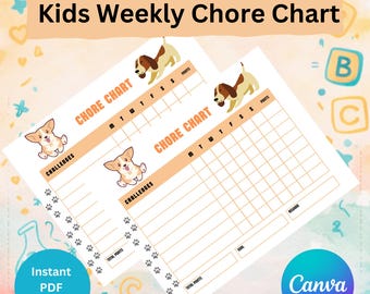 Hondenpuppy-karweientabel voor kinderen - Responsibility Tracker afdrukbare bewerkbare canva-sjabloon direct downloaden