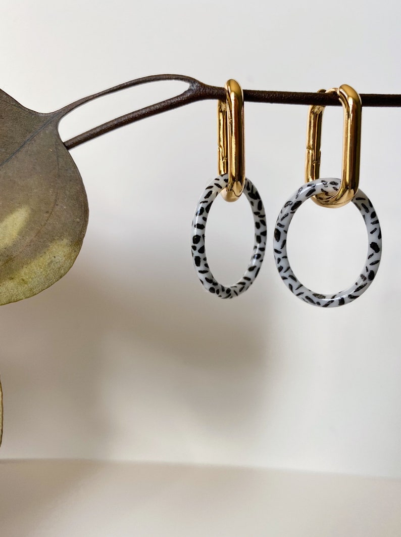 Alcohol ink earrings, hoop earrings, chain earrings, oval hoops, Black & White image 1