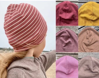 Bio Wolle-Seide Mütze EINLAGIG mit Bündchen Rosa,Beere,Rot Beanie