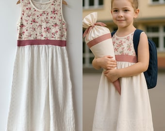 Sofortkauf Sommer Kleid mit Oberteil aus Jersey (Rosen) und Musselinrock mit Lochstickerei, Ärmellos, Gr 134