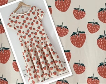 Damen Drehkleid Kleid mit Tellerrock, Kurzarm, aus BioJersey Erdbeeren Creme