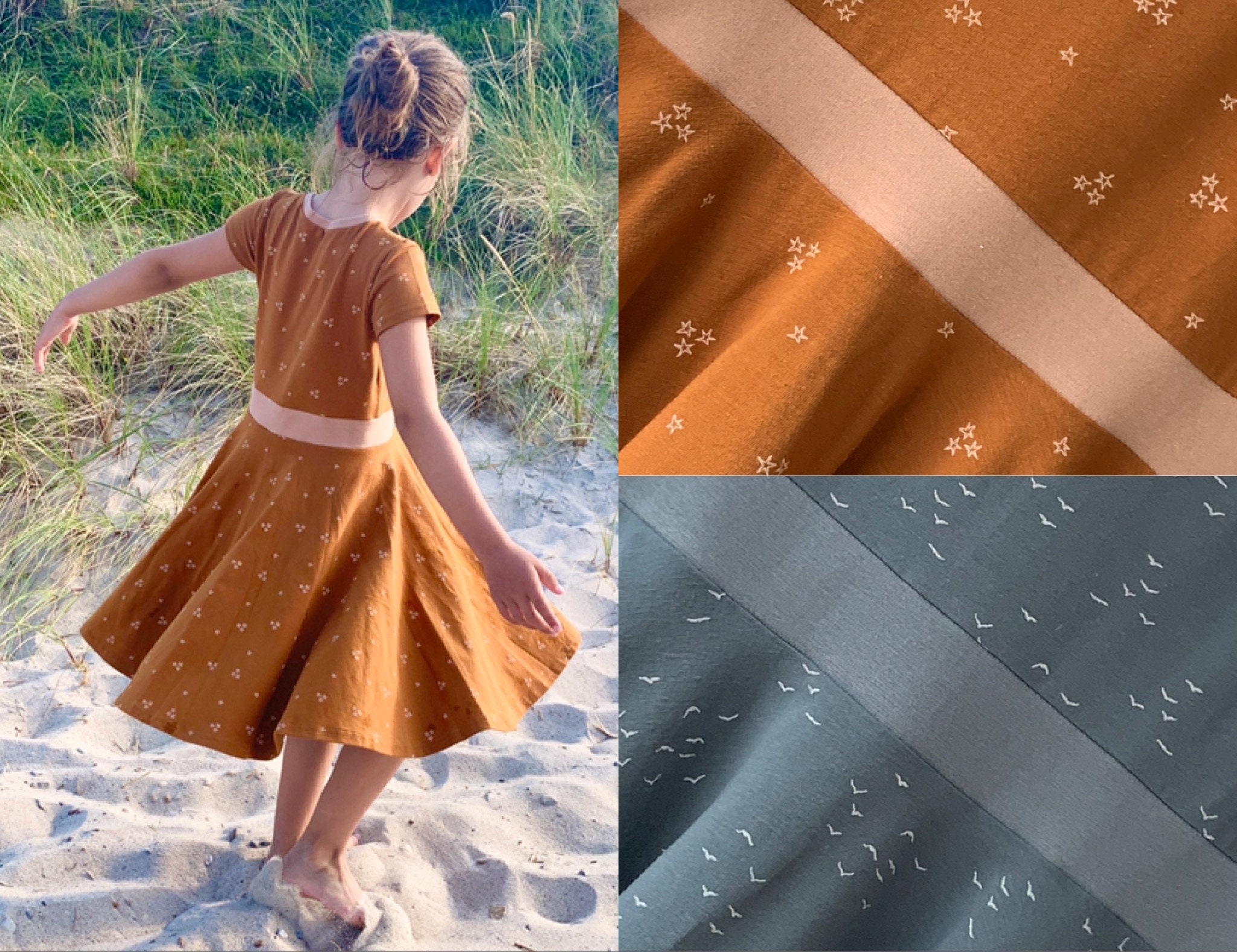Drehkleid Kleid aus Jersey mit Tellerrock Kurzarm, verschiedene Stoffe, Schwalben Blau, Sterne Camel