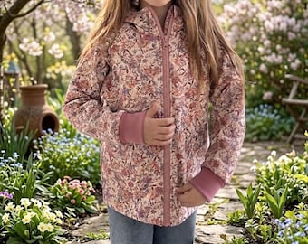 Softshellmantel mit Kapuze, mit Reißverschluss, komplett gefüttert mit Jersey | Rosa | mit Blumen