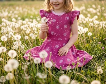 Bio Drehkleid Kleid „Dandelia“ | mit Tellerrock | Ärmeln nach Wunsch | mit Pusteblumen Beere Pink