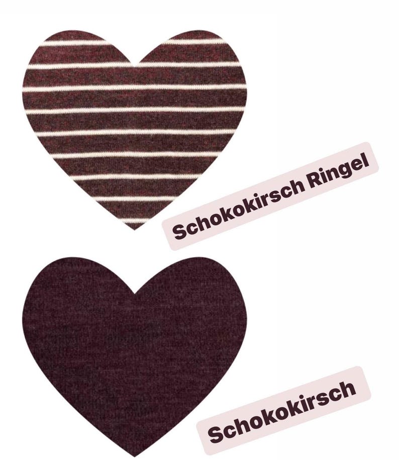May include: Two heart-shaped fabric swatches. One is a solid dark burgundy color, and the other has horizontal white stripes on a dark burgundy background. The text "Schokokirsch" is visible.