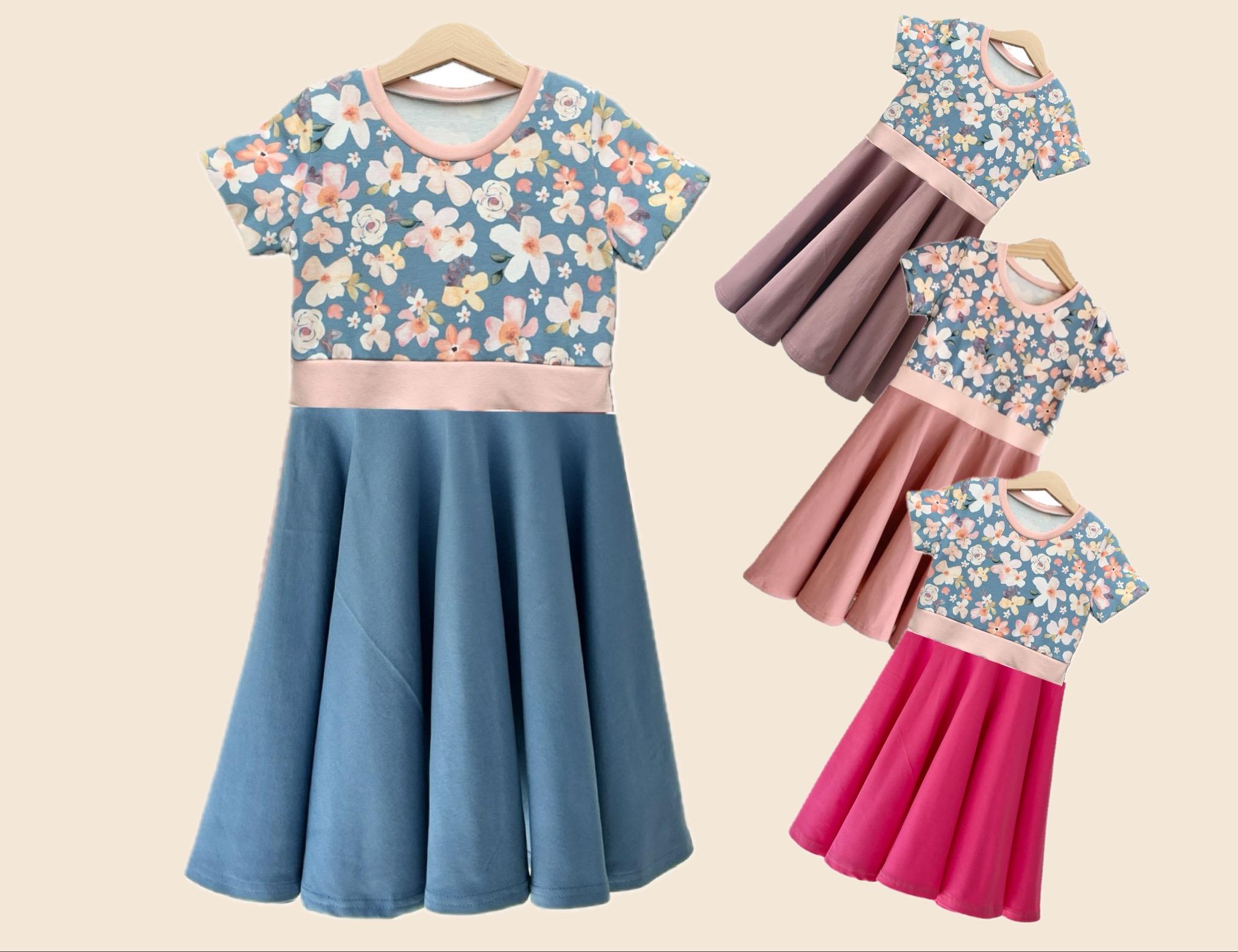 Drehkleid Kleid mit Tellerrock Kurzarm, mit einfarbigem Rock altrosa, blau, mauve, pink, mit Blumen Blüten