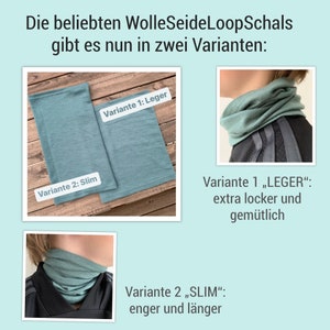 May include: Two teal-colored loop scarves are displayed, one labeled "Leger" and the other "Slim." The image also shows a person wearing each scarf, demonstrating the fit. Text in German describes the scarves as "extra loose and comfortable" and "narrower and longer."