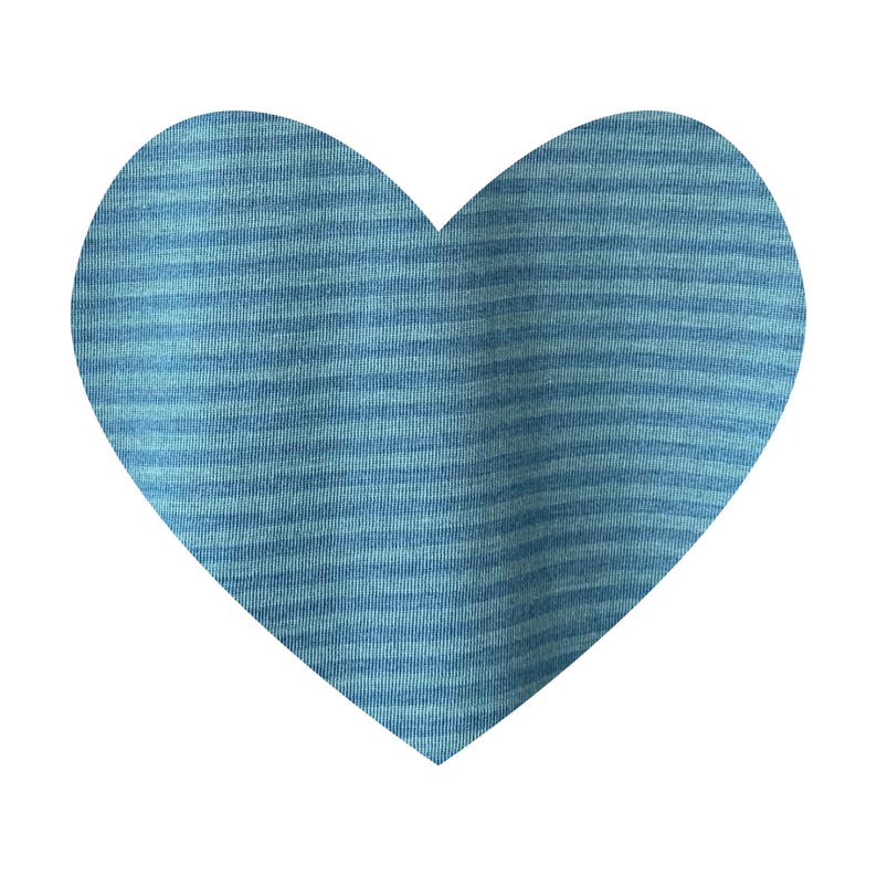 May include: A heart-shaped design in shades of blue, featuring a horizontally striped pattern. The fabric appears to be a soft knit material, with a subtle texture. The heart is isolated on a white background.