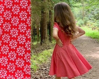 Drehkleid Kleid mit Tellerrock, rot grafische Blumen, Ärmel nach Wunsch