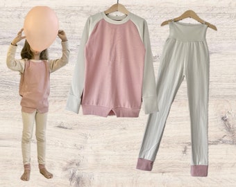 Bio Set oder einzeln Pullover und Hose einfarbig aus BioBaumwolle, Sand, Altrosé, Hibiskus, Olivgrün, Blau