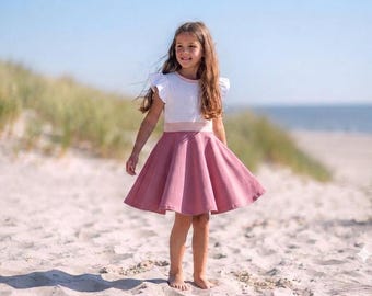 Drehkleid zur Einschulung | Mädchen Kleid mit Tellerrock | Ärmel & Farben wählbar | Weiß Altrosa