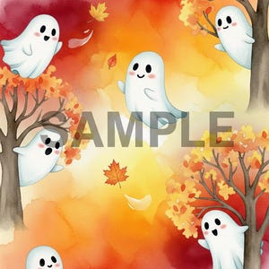 May include: A watercolour illustration of friendly ghosts, autumn trees with orange and yellow leaves, and falling leaves. The background has a gradient of red, orange, and yellow. The word "SAMPLE" is printed across the image.