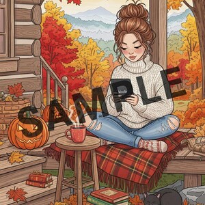 May include: An illustration of a person reading a Kindle on a porch, surrounded by autumn leaves. A carved pumpkin, books, and a mug of coffee are present. The person wears a white sweater and blue jeans. A black cat rests on the ground.