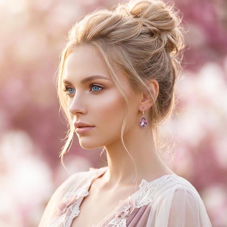 May include: A woman with blonde hair in a bun wearing a pink dress and silver teardrop earrings with pink gemstones. The background is a soft focus of pink flowers.