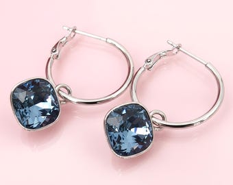 Silver hoop earrings, 925 sterling silver pendant, Swarovski crystals, denim blue earrings, NOBEL JEWELRY
