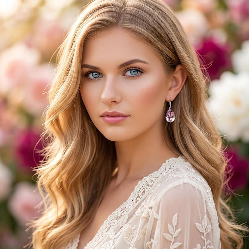 May include: A portrait of a person with long, wavy blonde hair and blue eyes. The person is wearing a white lace top and a pair of pink teardrop earrings. The background is a soft focus of pink and white flowers.
