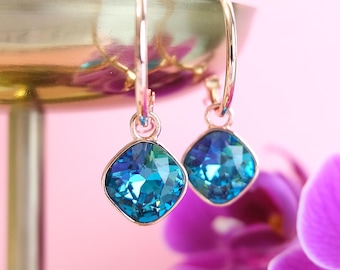 Rose gold hoop earrings, petrol blue charm pendant, Swarovski crystal earrings, 925 sterling silver, NOBEL JEWELRY
